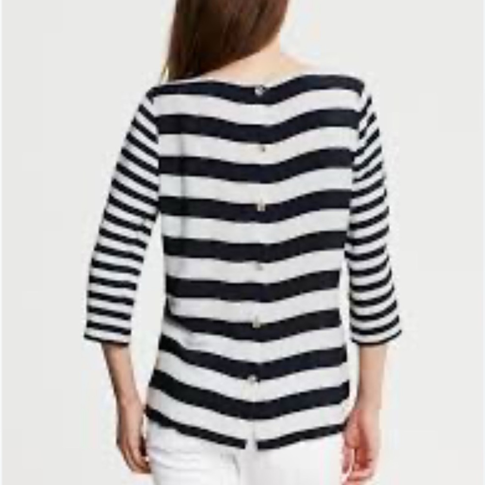 Banana Republic Black and White Striped Women's Top with Back Button Detail